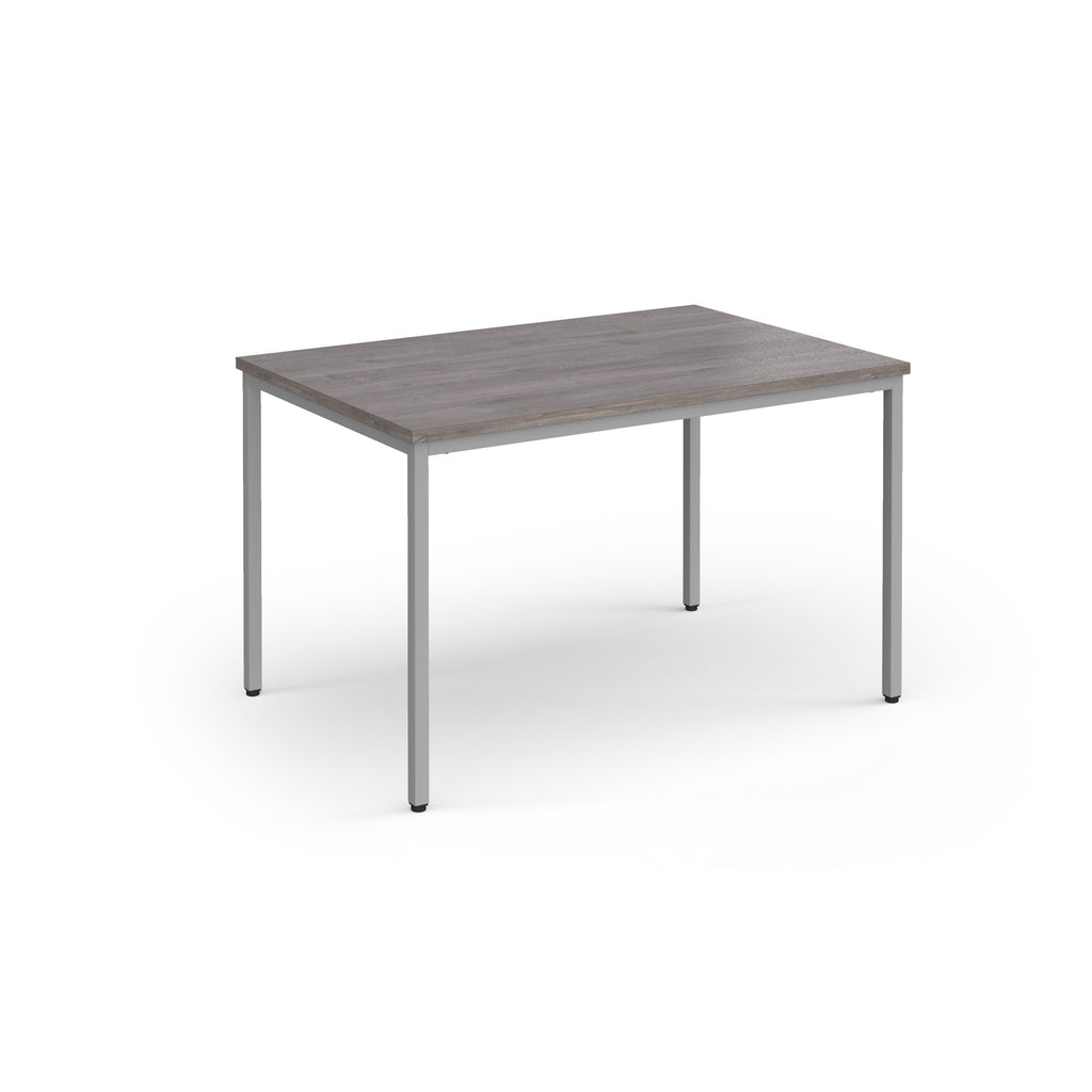 Rectangular table with a wooden top and metal legs on a white background