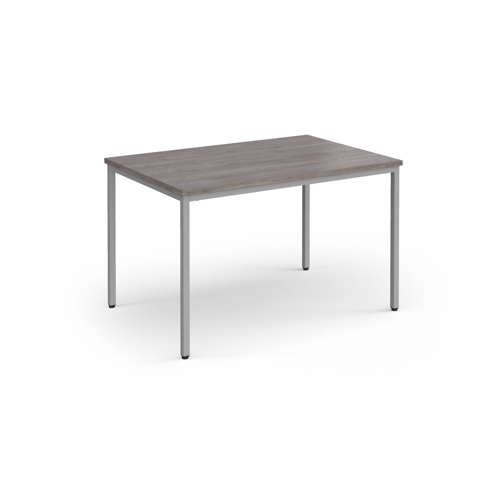 Rectangular table with a wooden top and metal legs on a white background