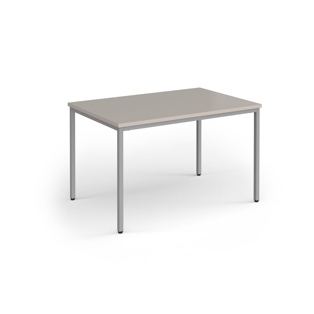 Rectangular table with a light grey top and silver legs on a white background