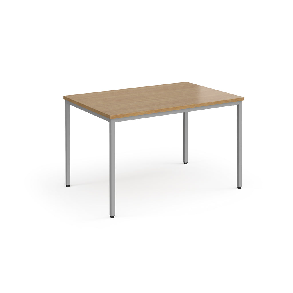 Rectangular table with wooden top and metal legs on a white background