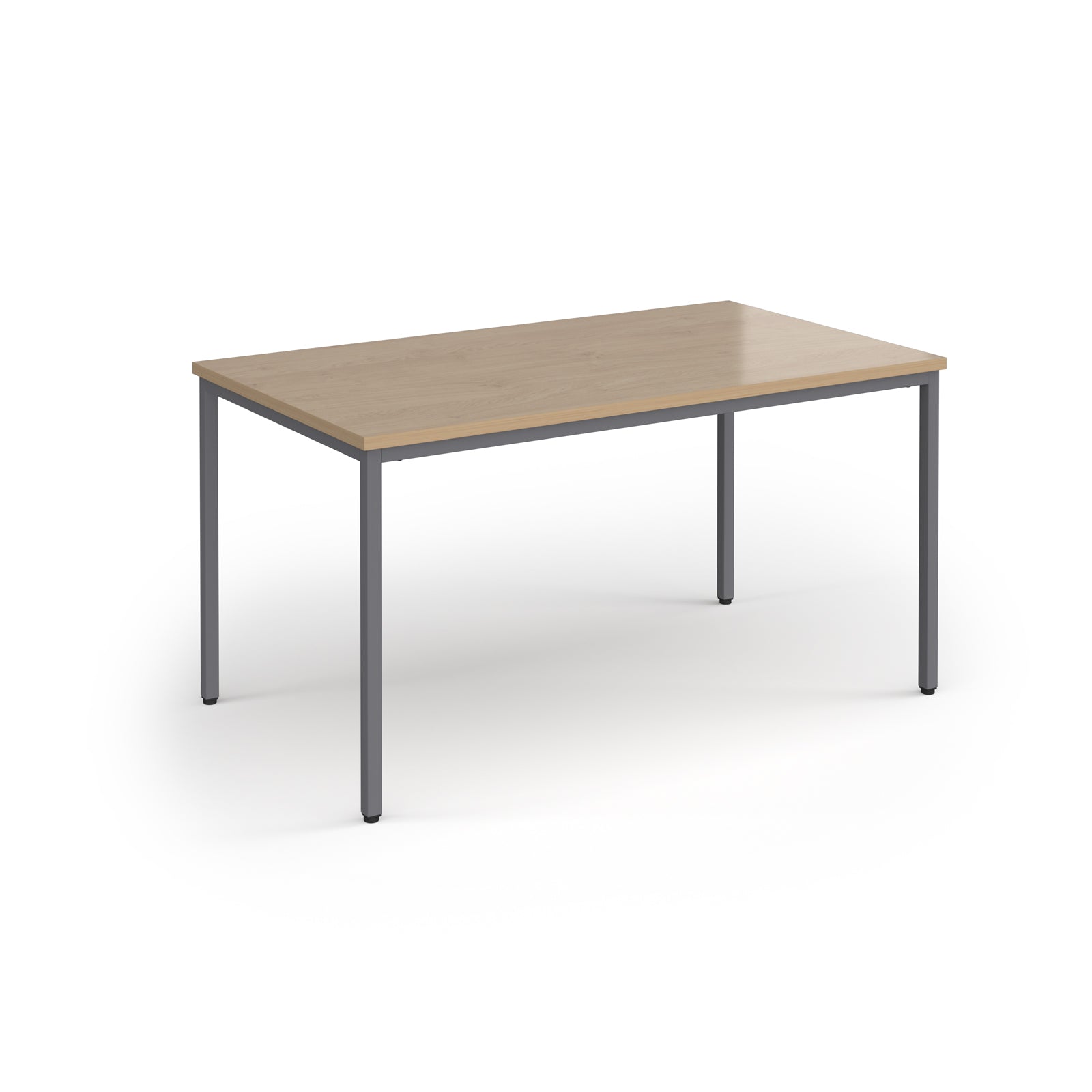 Rectangular table with wooden top and metal legs on a white background