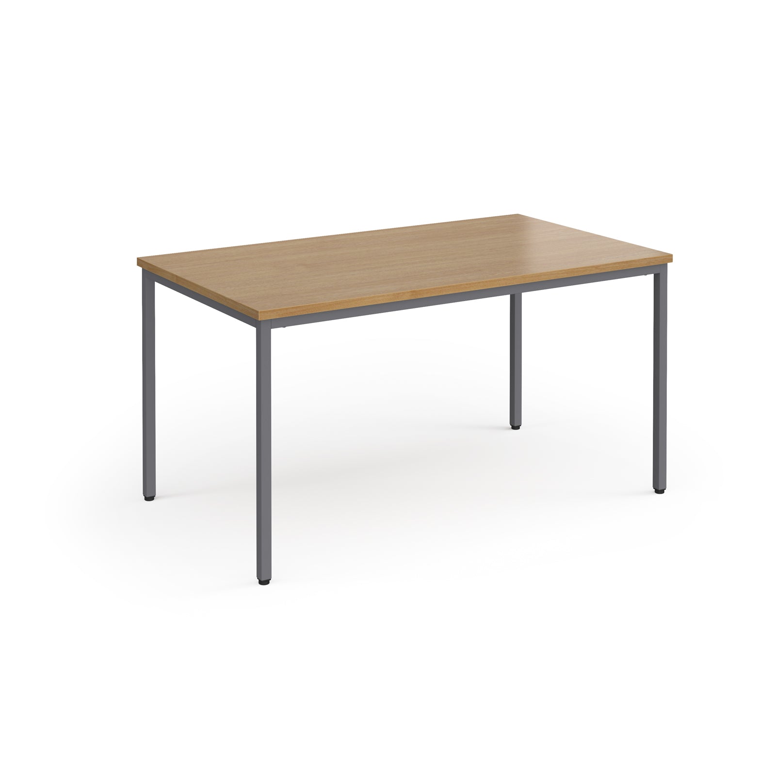 Rectangular table with wooden top and metal legs on a white background
