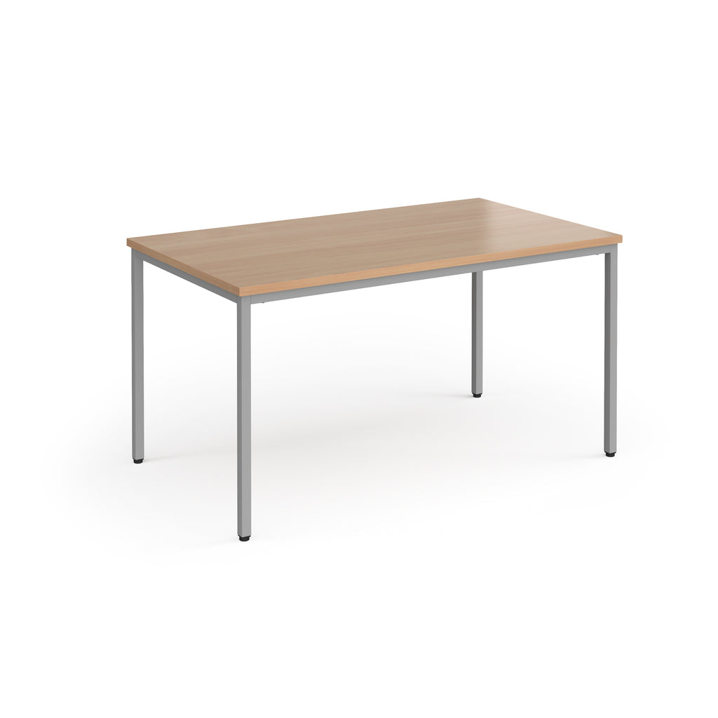 Rectangular table with wooden top and metal legs on a white background