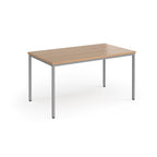 Rectangular table with wooden top and metal legs on a white background