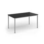 Rectangular table with black top and silver legs on a white background