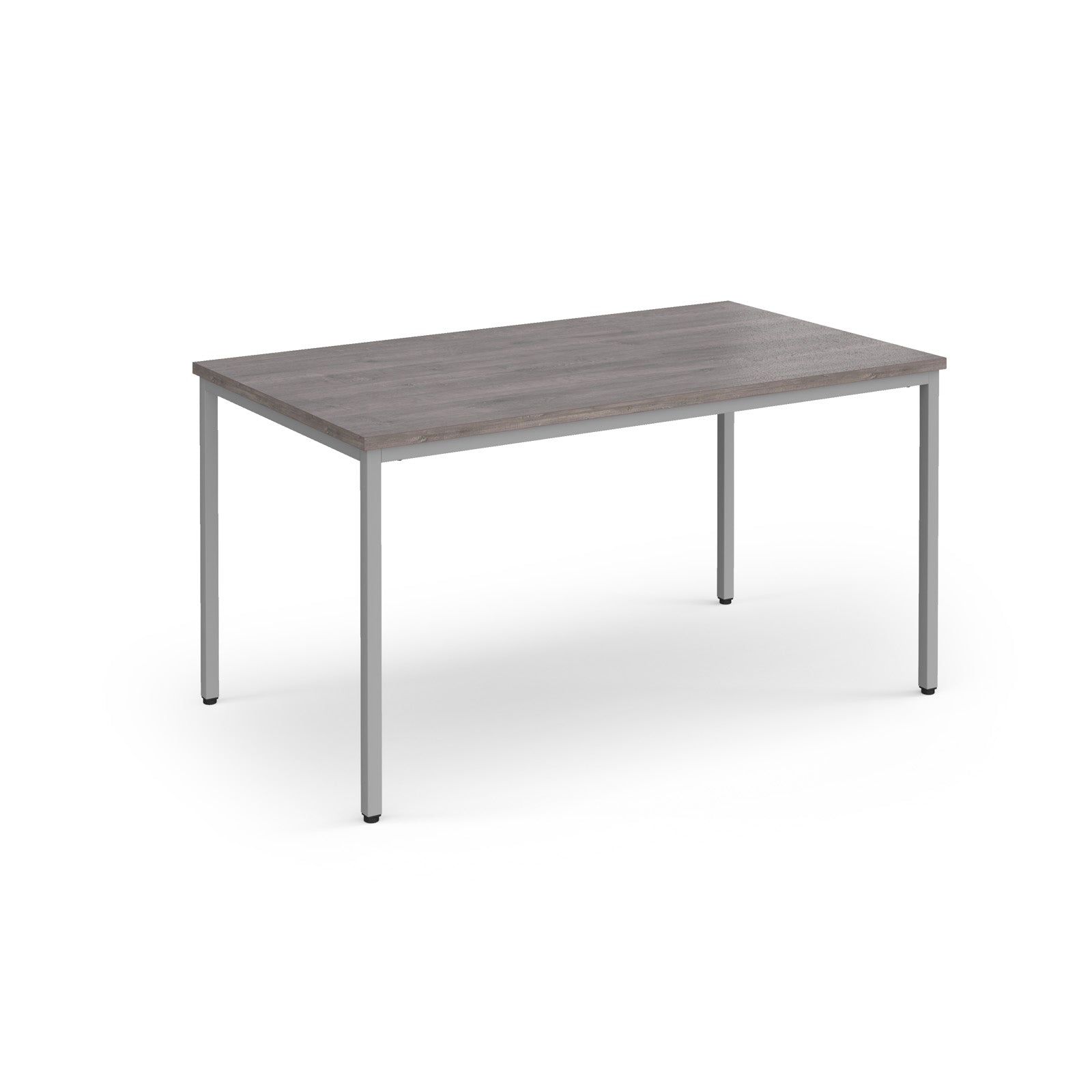 Rectangular table with a wooden top and metal legs on a white background