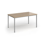 Rectangular table with wooden top and metal legs on a white background