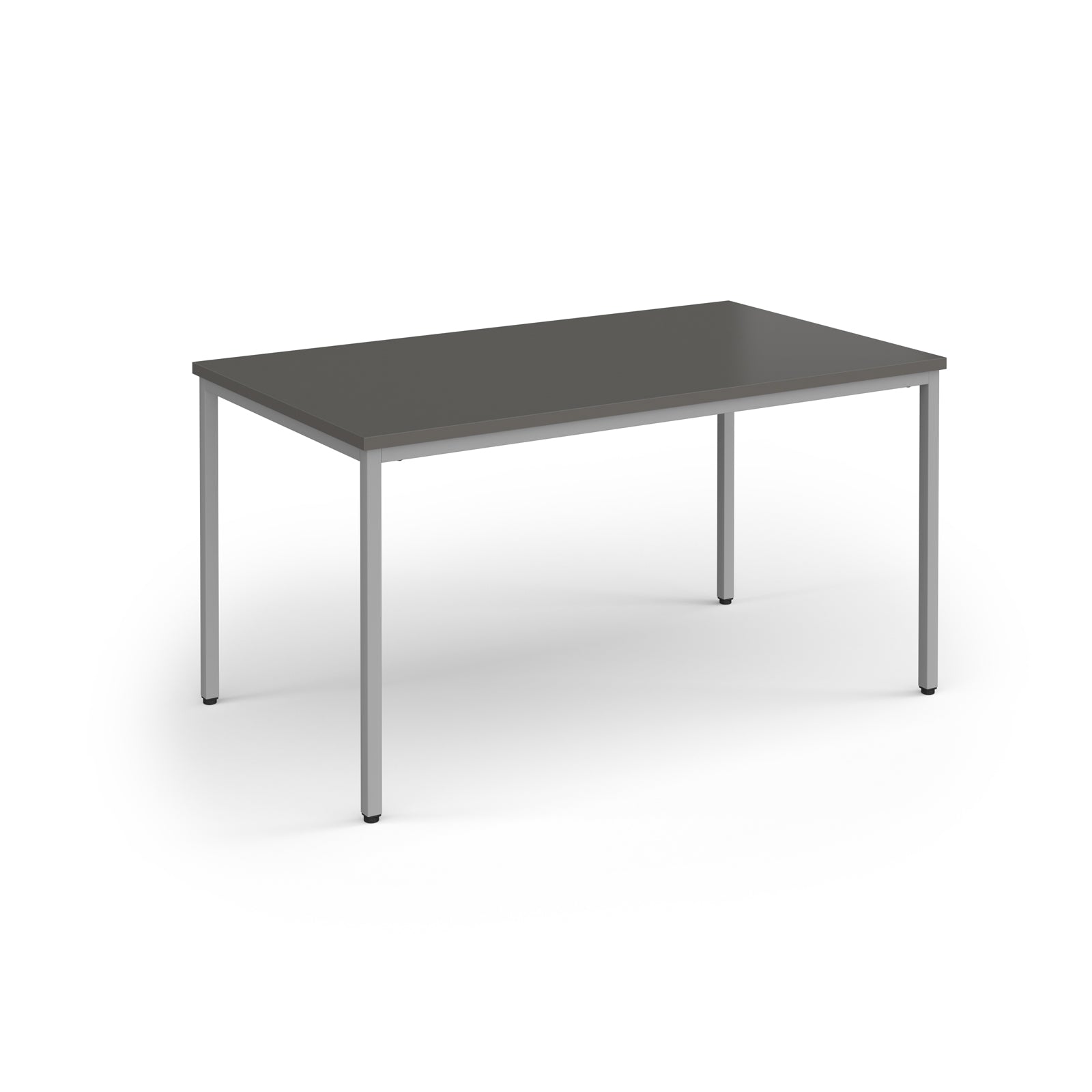 Rectangular table with a dark grey top and metal legs on a white background