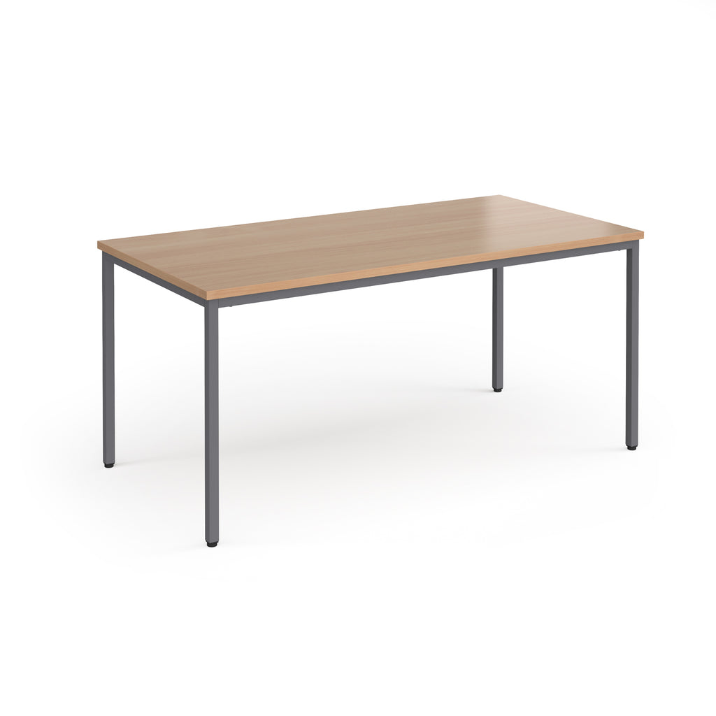 Rectangular table with wooden top and metal legs on a white background
