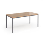Rectangular table with wooden top and metal legs on a white background