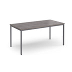 Rectangular table with a wooden top and metal legs on a white background
