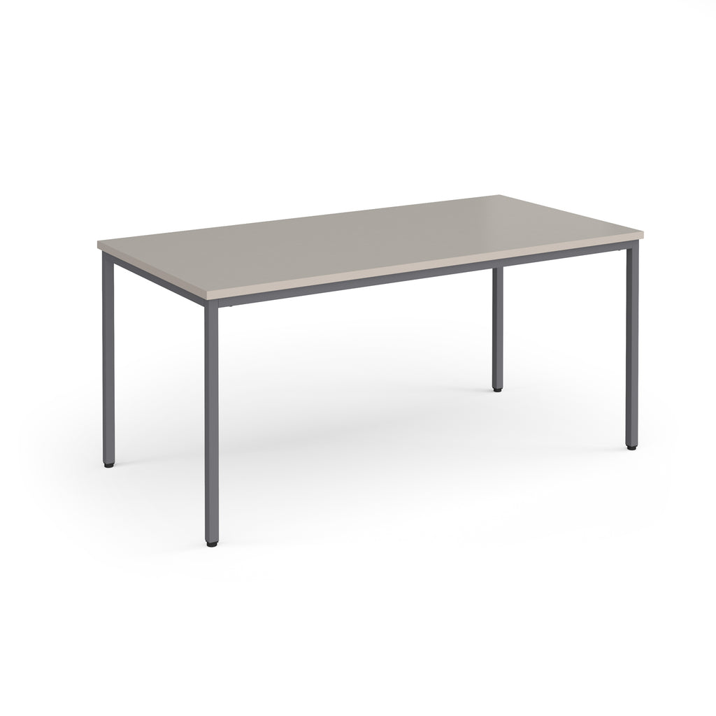 Rectangular table with a light grey top and dark grey legs on a white background