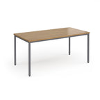 Rectangular table with wooden top and metal legs on a white background
