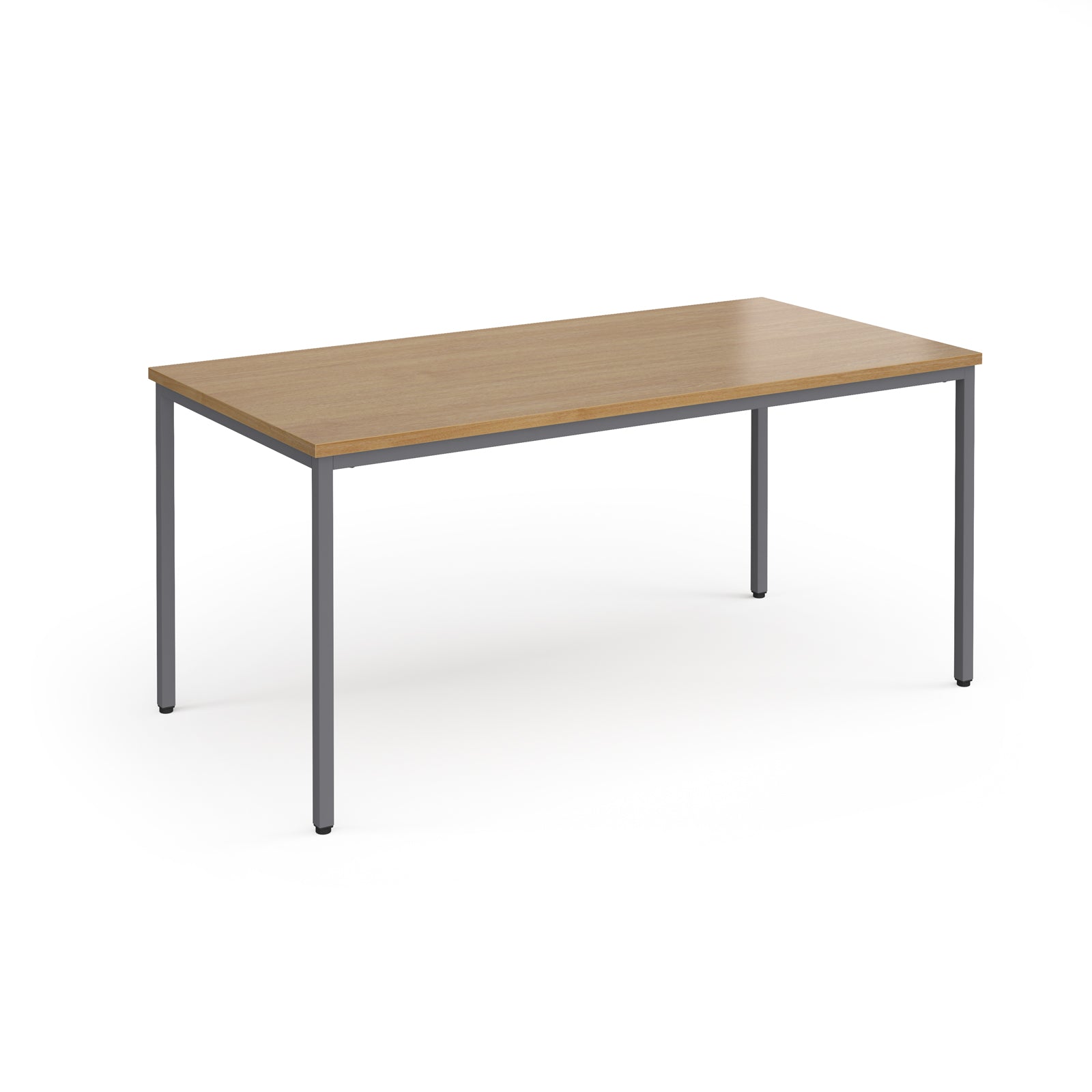 Rectangular table with wooden top and metal legs on a white background