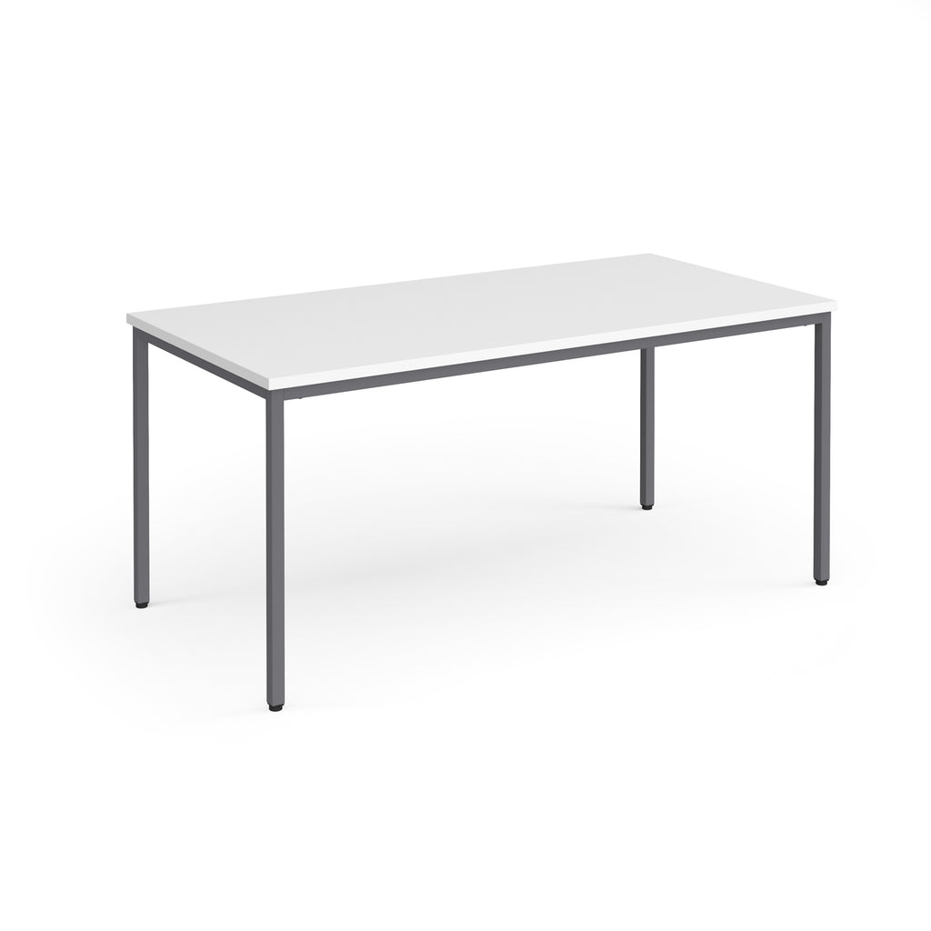 White rectangular table with metal legs on a white background