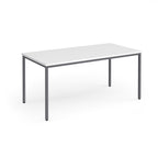 White rectangular table with metal legs on a white background