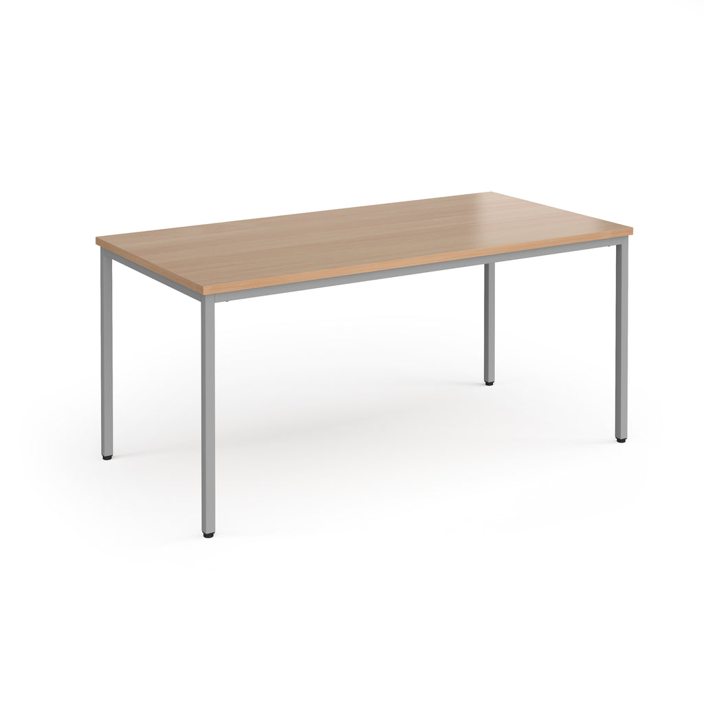 Rectangular table with wooden top and metal legs on a white background