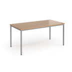 Rectangular table with wooden top and metal legs on a white background