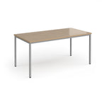 Rectangular table with wooden top and metal legs on a white background