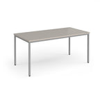 Rectangular table with a light grey top and silver legs on a white background