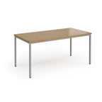 Rectangular table with wooden top and metal legs on a white background