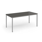 Rectangular table with a dark grey top and silver legs on a white background