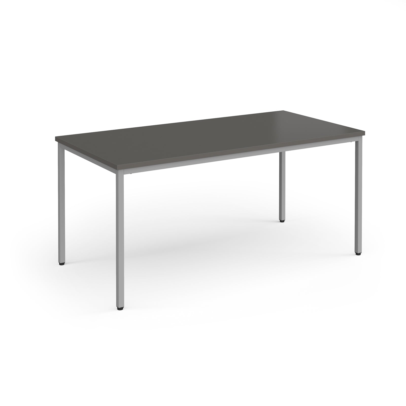 Rectangular table with a dark grey top and silver legs on a white background