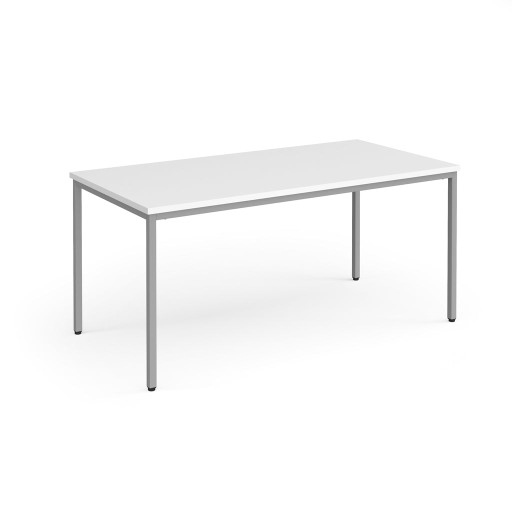 White rectangular table with metal legs on a white background