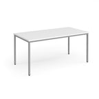 White rectangular table with metal legs on a white background
