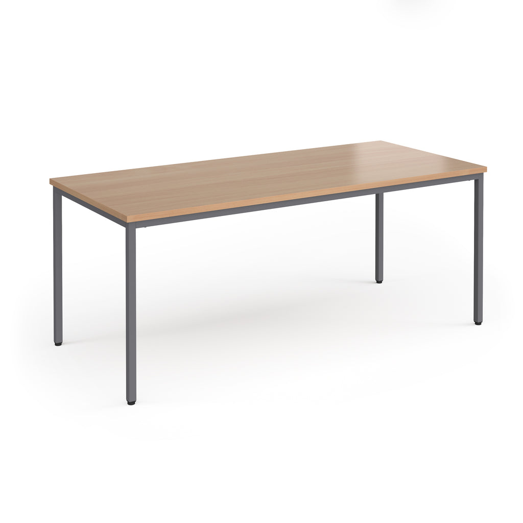 Rectangular table with wooden top and metal legs on a white background