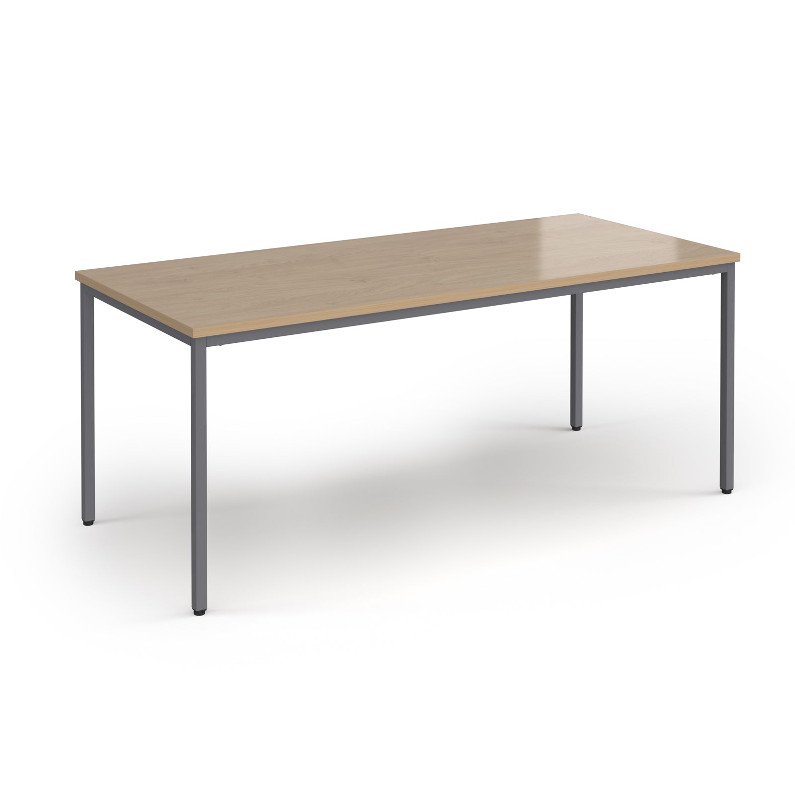 Rectangular table with wooden top and metal legs on a white background