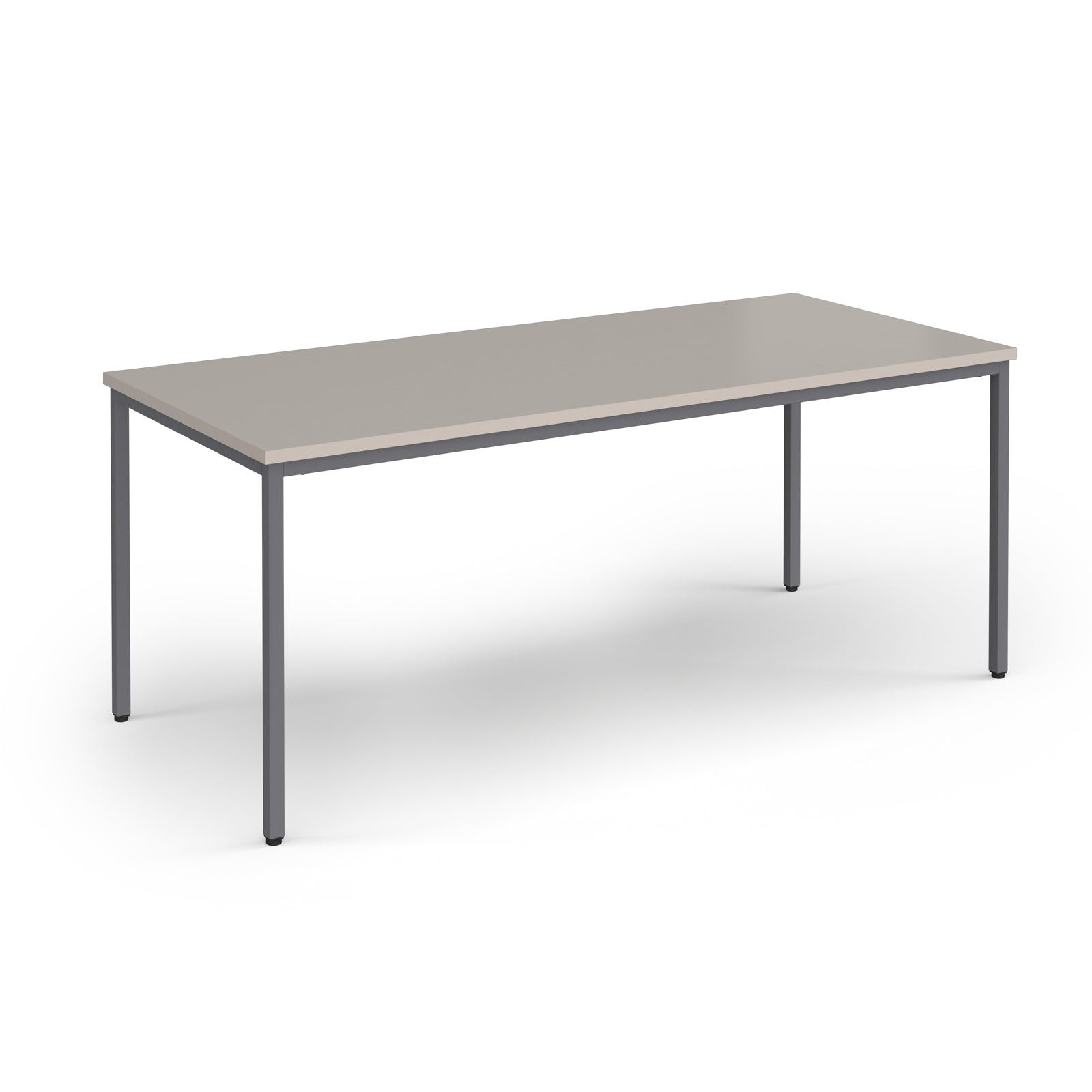 Rectangular table with a light grey top and dark grey legs on a white background