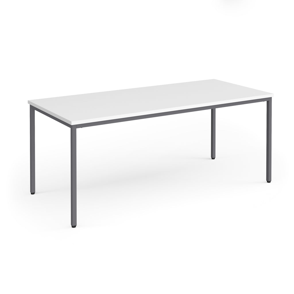 White rectangular table with grey metal legs on a white background