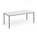 White rectangular table with grey metal legs on a white background