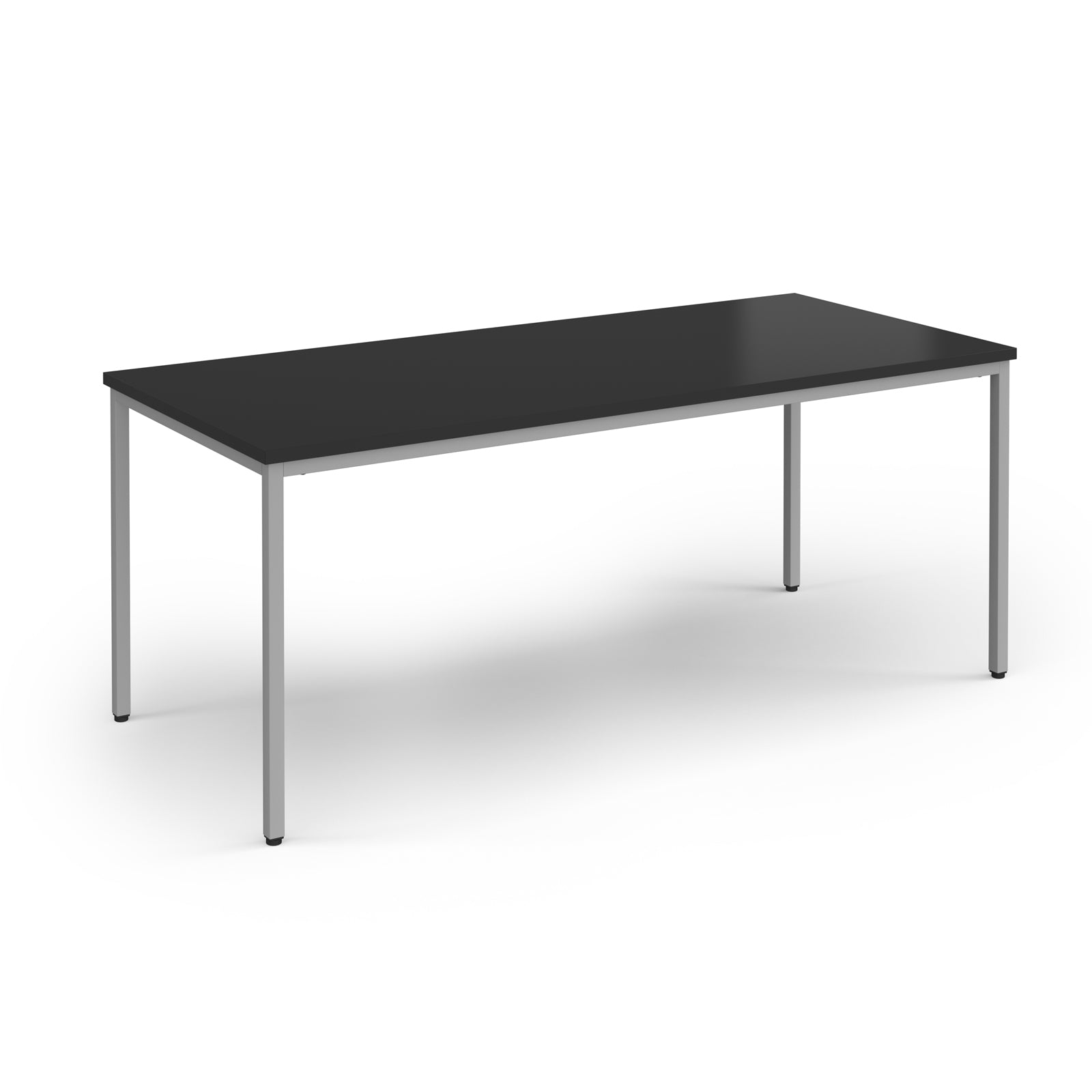 Rectangular black table with silver legs on a white background
