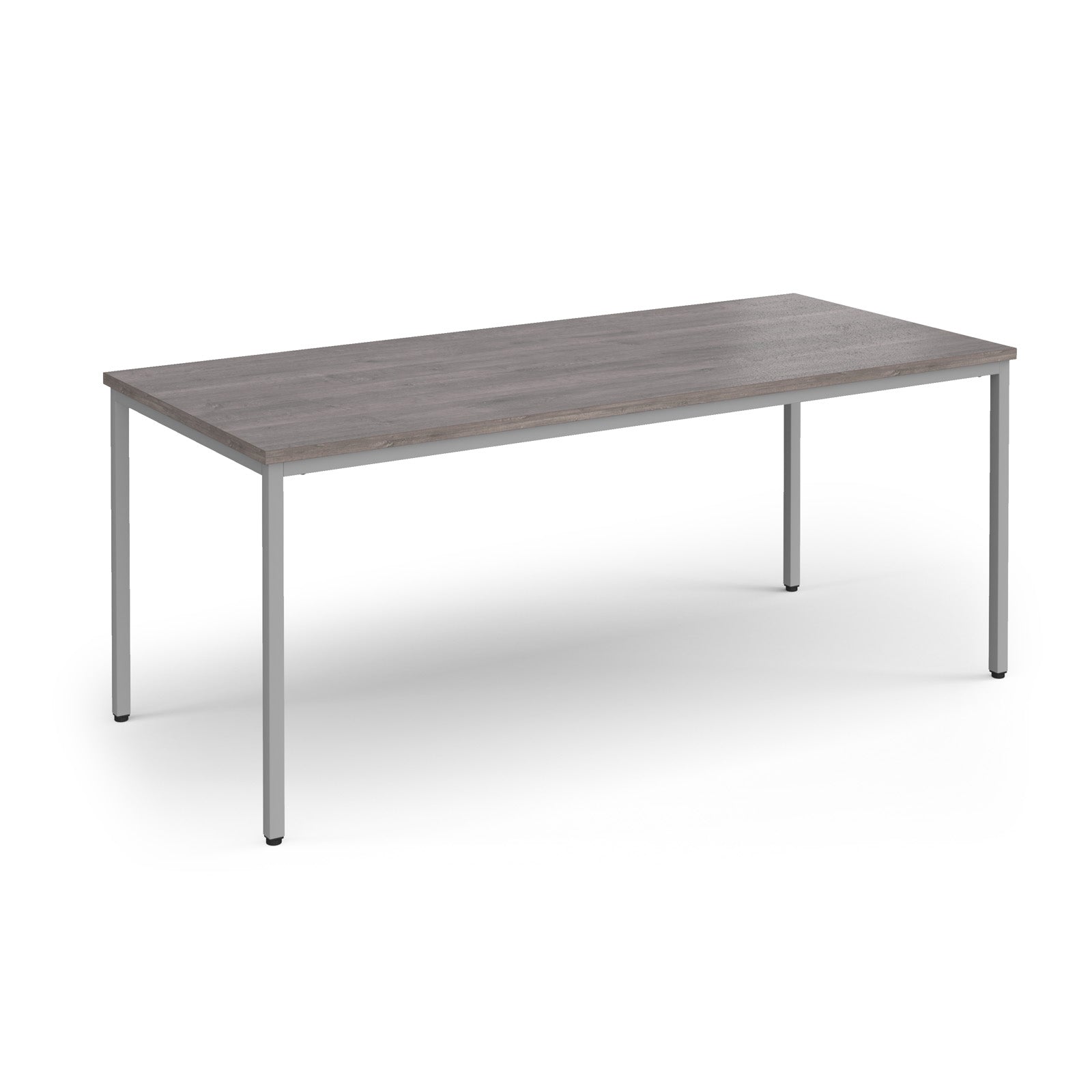 Rectangular table with a wooden top and metal legs on a white background