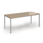 Rectangular table with wooden top and metal legs on a white background