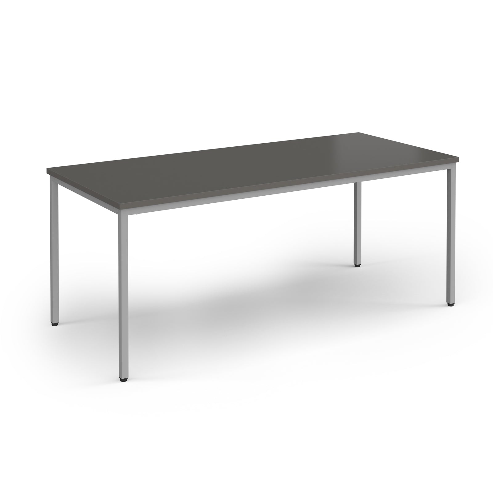 Rectangular table with a grey top and metal legs on a white background