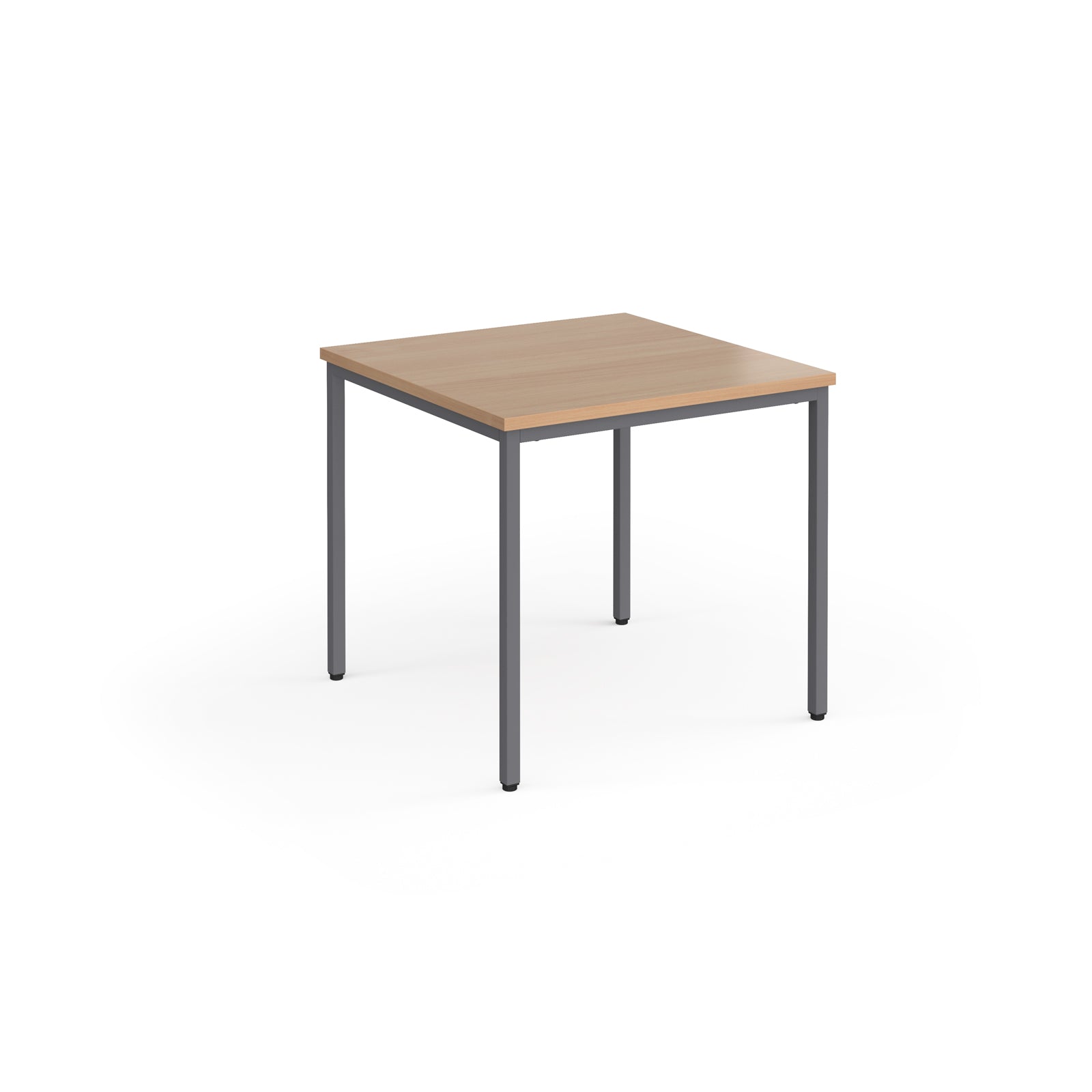 Square table with wooden top and metal legs on a white background