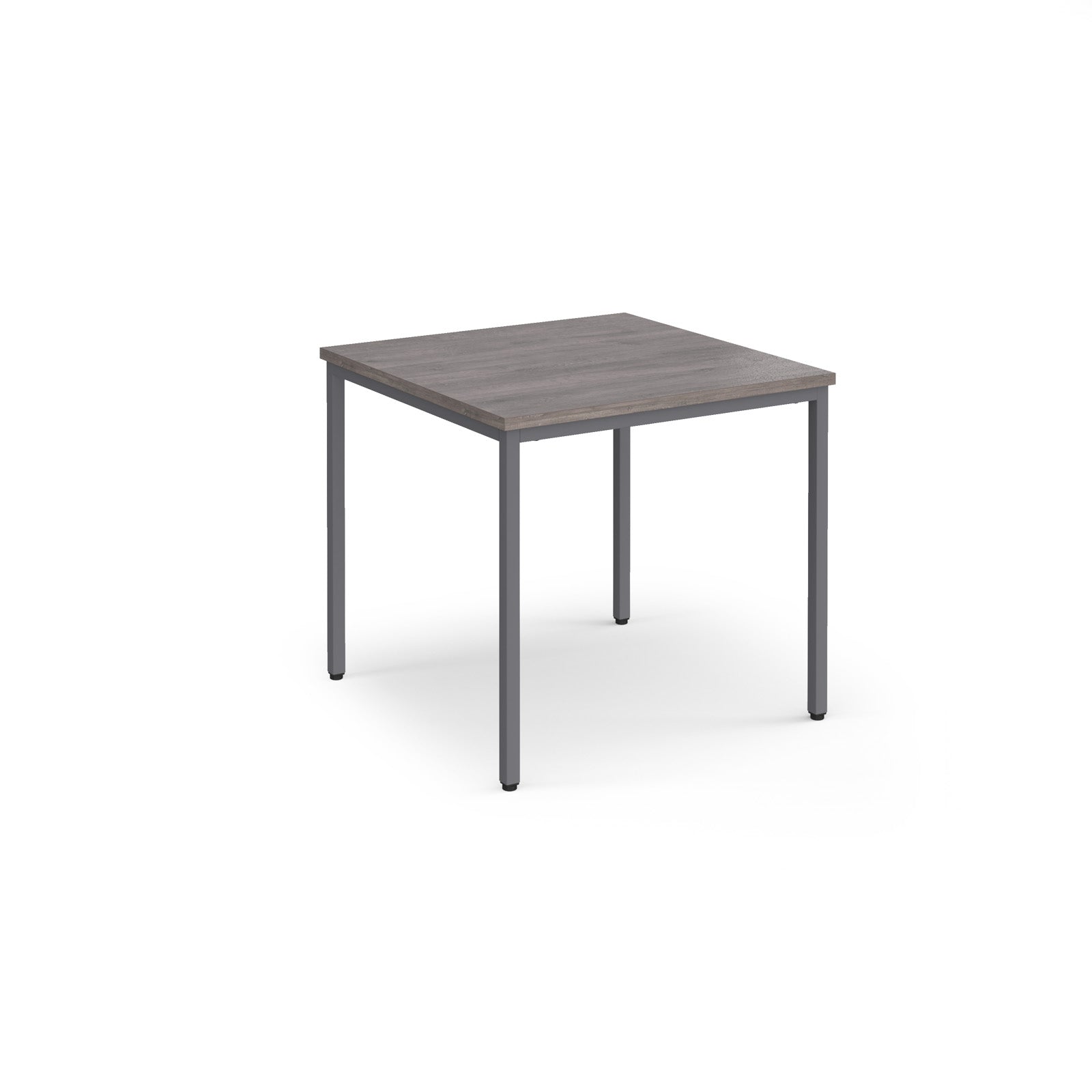 Square table with a wooden top and metal legs on a white background