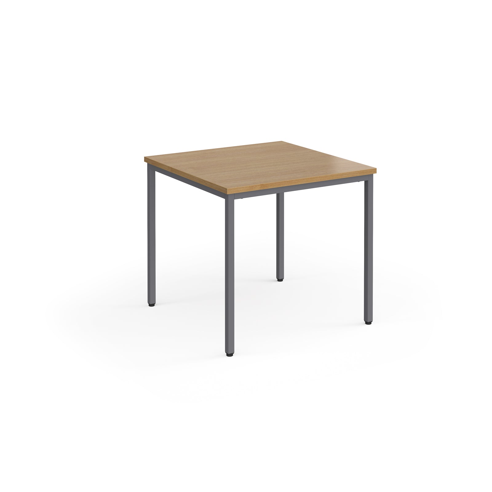 Square table with wooden top and metal legs on a white background