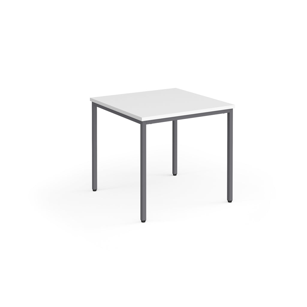 Square table with white top and grey metal legs on a white background