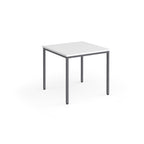 Square table with white top and grey metal legs on a white background