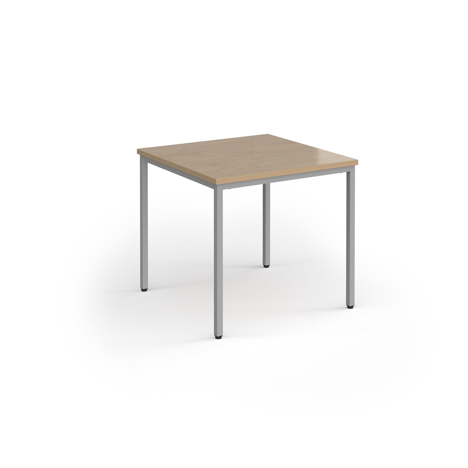 Square table with wooden top and metal legs on a white background