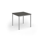 Square table with a grey top and metal legs on a white background