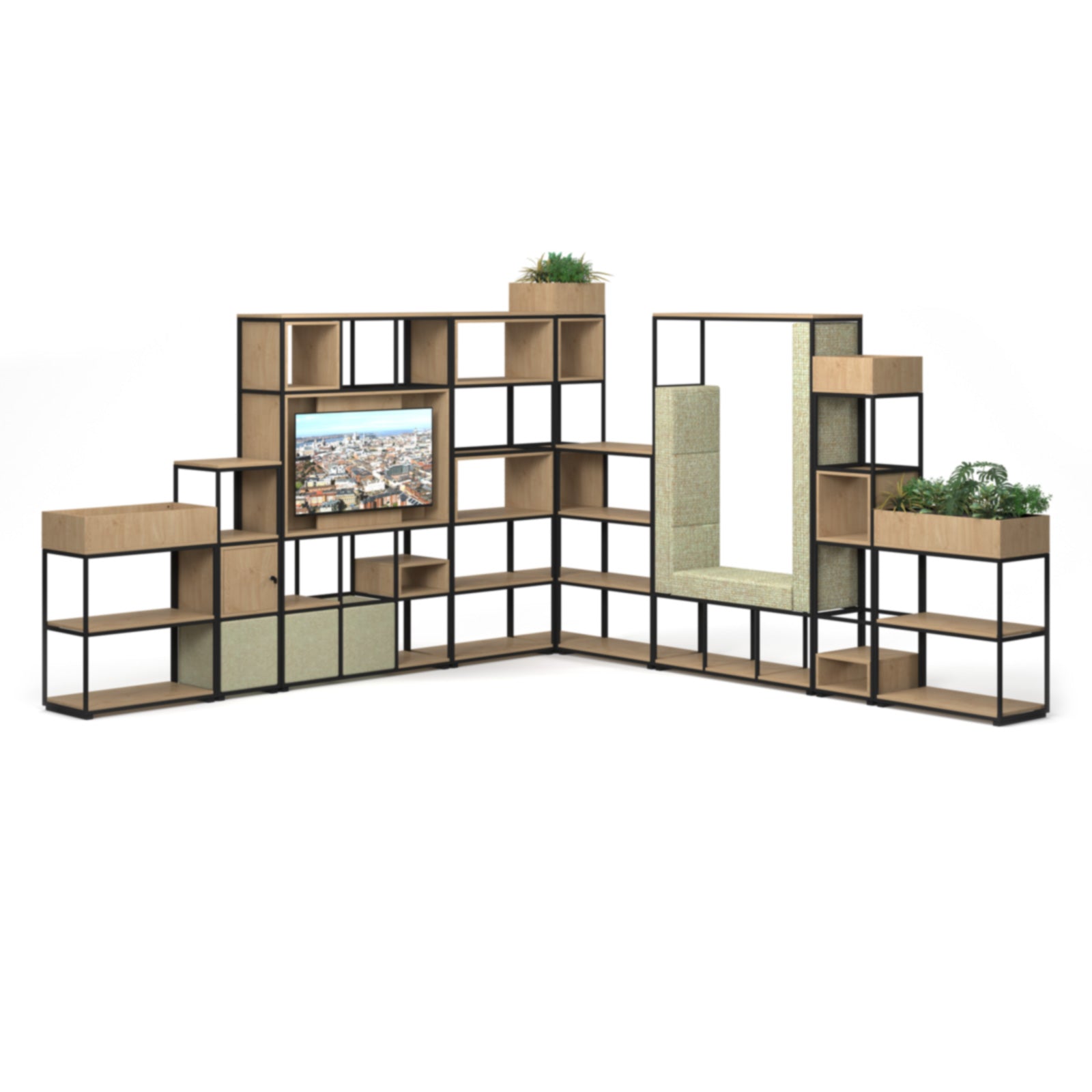 A modular modular storage unit with black metal framing, featuring open shelves, planters, a built-in TV screen, and a large panel, shown on a white background.