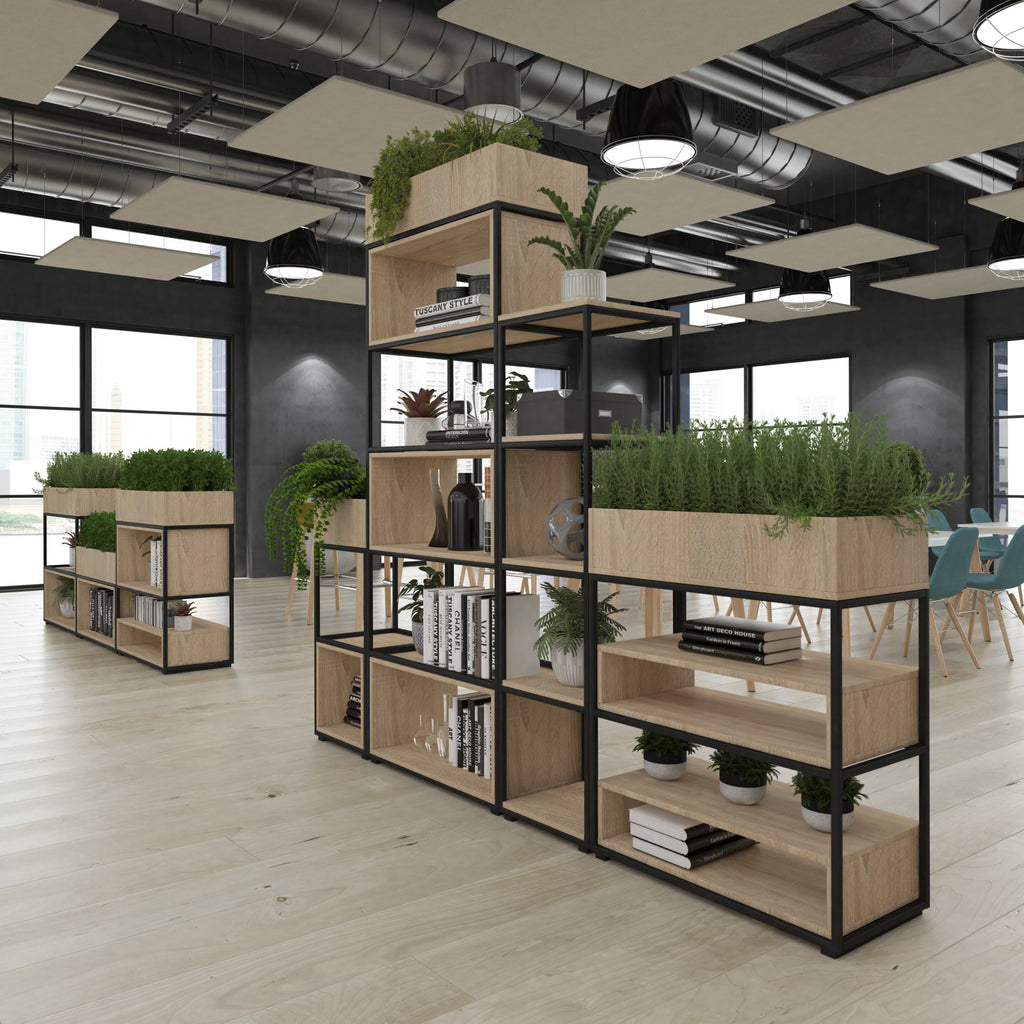 A modern black metal and light wood shelving unit with built-in planters, styled in a contemporary office space with light wood floors and industrial ceiling details.