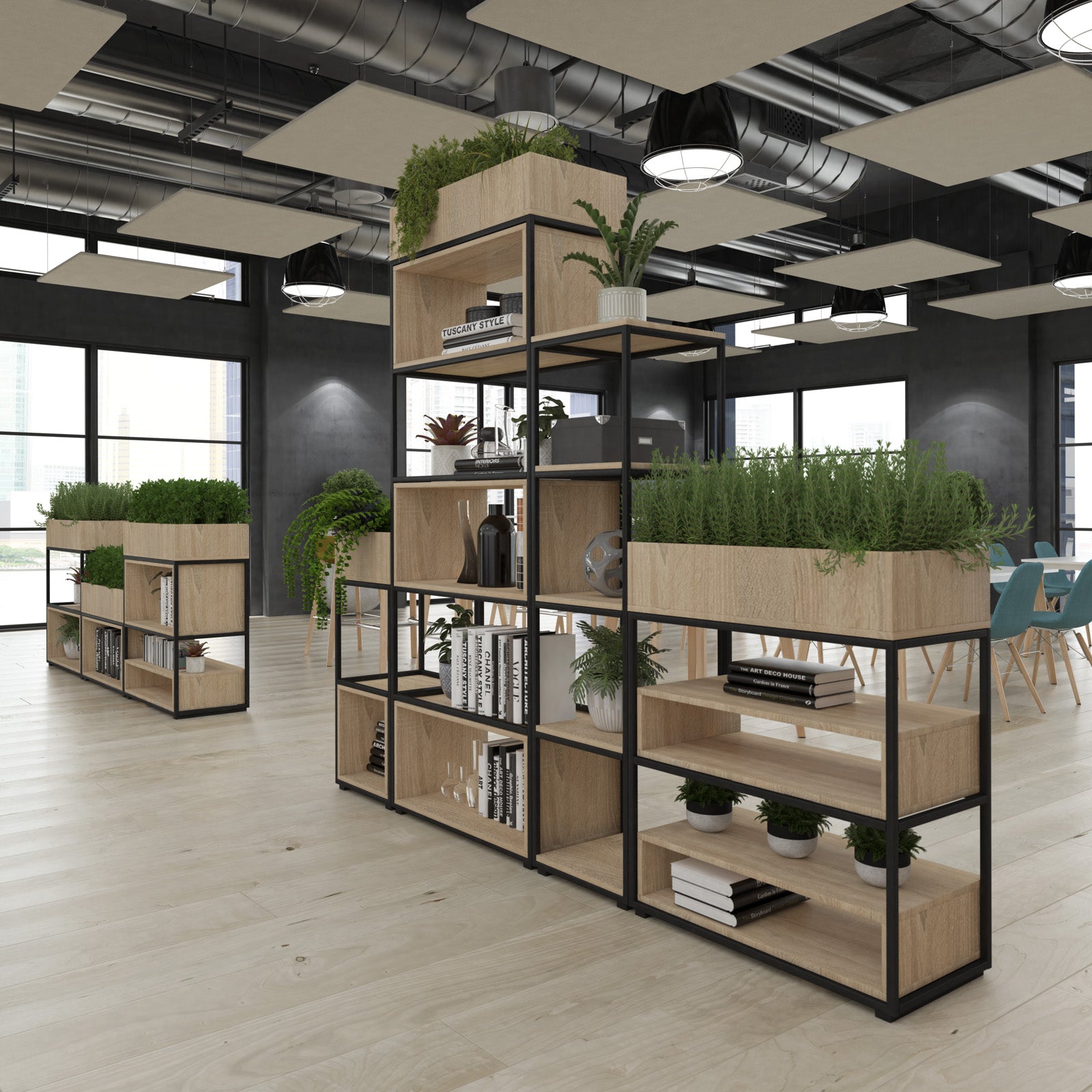 A modern black metal and light wood shelving unit with built-in planters, styled in a contemporary office space with light wood floors and industrial ceiling details.