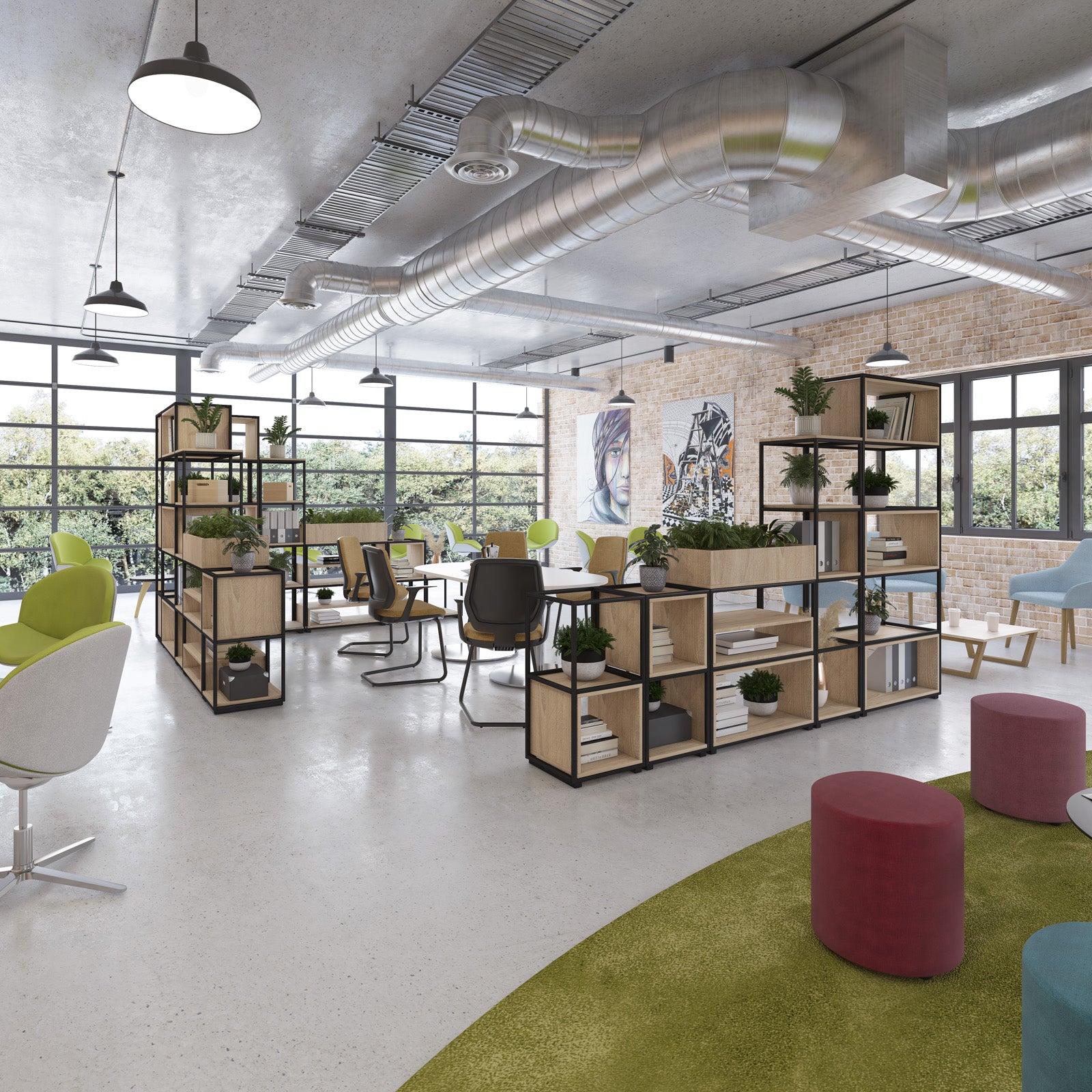 A modern, open-plan office interior with industrial ceiling ducts, large windows, shelving units, desks, chairs, and colorful seating including green, magenta, and blue ottomans.