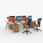 Modern office setup with desks, chairs, and computer monitors on a white background
